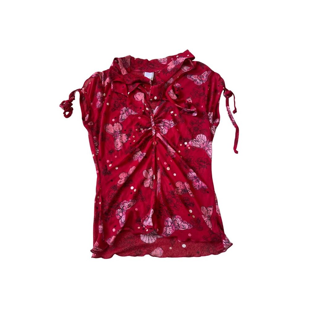 Red Butterfly Mesh Ruched Tie Neck Top Y2K Fairycore Pink Polka Dot Small